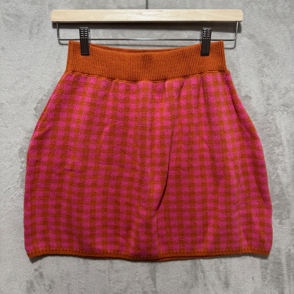 Free People Womens XL Gingham Knit Mini Skirt Pink Orange Checkered Cotton Blend